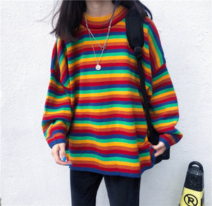 Loose Rainbow Stripe Knitted Sweater