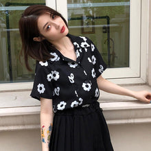 Black  Floral Printed Blouse Short Sleeve Shirt
