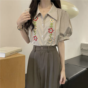 Short Sleeve Floral Embroidery Blouse Shirt