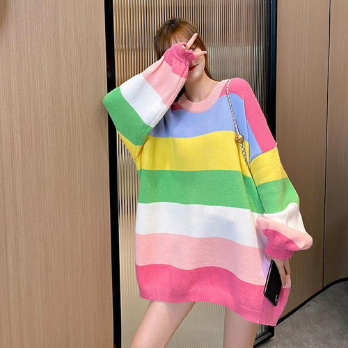 Loose Rainbow Striped Colors Sweater