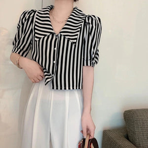 Puff Sleeve Red Striped Vintage Blouse Shirt