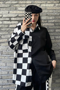 Long Sleeve Half Checkered Blouse Shirts