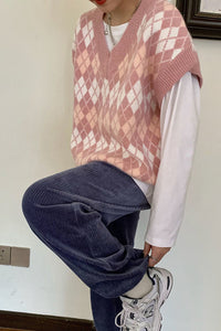 Pink Argyle Pattern V-Neck Knitted Vest Sweater