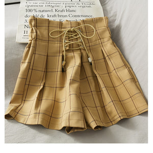 High Waist Plaid Lace Tie Shorts Pants