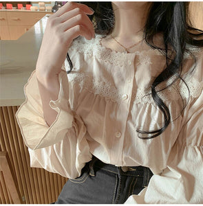 Long Puff Sleeve Square Collar Lace Blouse Shirt