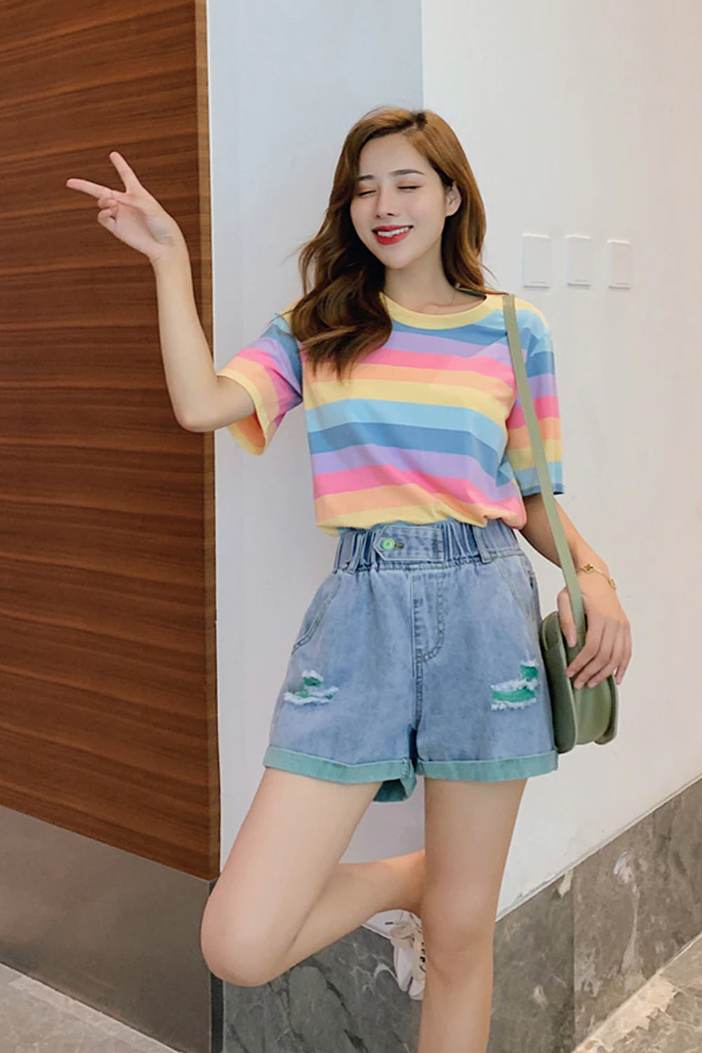 Short Sleeve Pastel Rainbow Striped Shirt