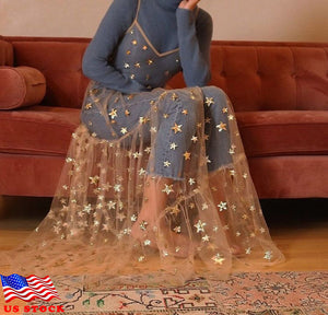 Sexy Spaghetti Straps Bling Stars Transparent Pleated Dress