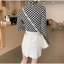 Vintage Turtleneck Checkerboard Long Sleeve Bodycon Shirt