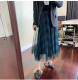 Plaid Long Pleated Tulle Skirt