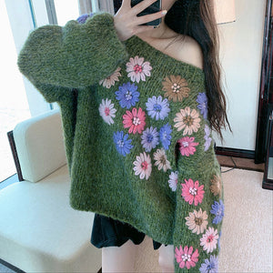 Sexy Strapless Flower Embroidery Knitted Sweater