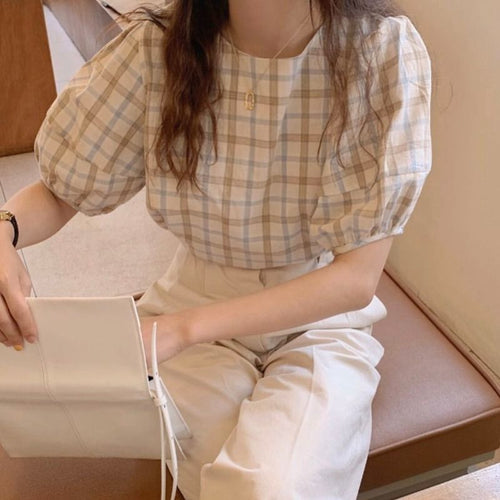 Puff Sleeve O-Neck Plaid Blouse Shirt