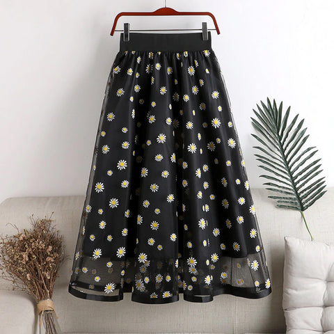 High Waist Daisy Flowers Pattern Mesh Long Skirt