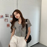 Lace Up Short Sleeve Basic Cropped Slim Shirt