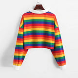 Rainbow Patchwork Button Cropped Long Sleeve Shirt