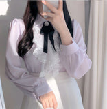 Ruffles Cute Bow Tie Elegant Blouse Shirt