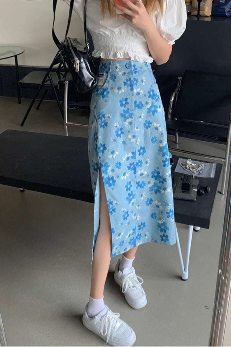 High Waist Blue Floral Split Jeans Skirt – Tomscloth