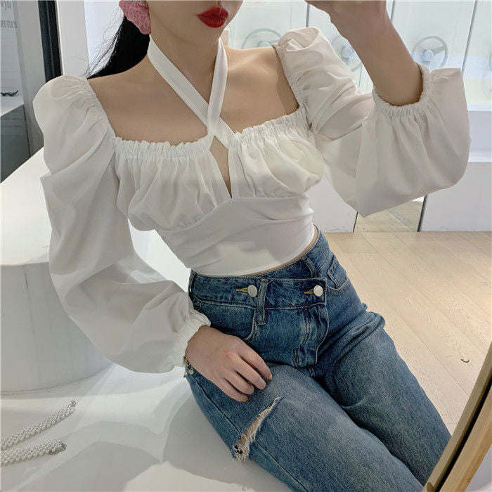 Hanging Neck Square Collar Sexy Cropped Blouse