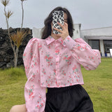 Retro Puff Sleeve Floral Pattern Pink Blouse Shirt
