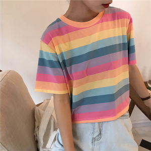 Fresh Colorful Striped Short O-Neck Shirt