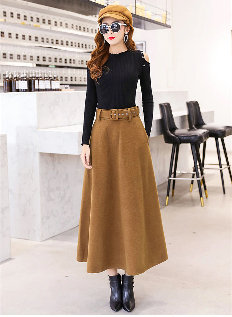 High Waist Woolen Skirt With Belt