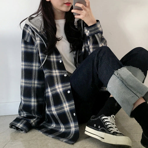 Black Plaid Hooded Loose Jacket