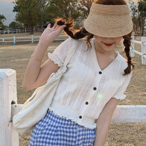 V-Neck With Button Ruffle Knitted Cropped Shirt