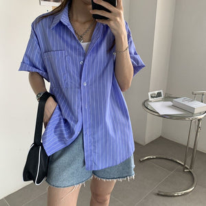 Short Sleeve Blue Striped Retro Shirt