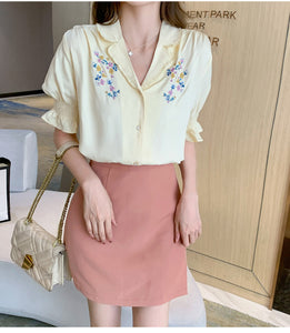 Short Sleeve Floral Embroidery Yellow Office Blouse Shirt