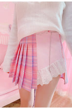 High Waist Lace Trim Half Colors Irregular Plaid Skirt