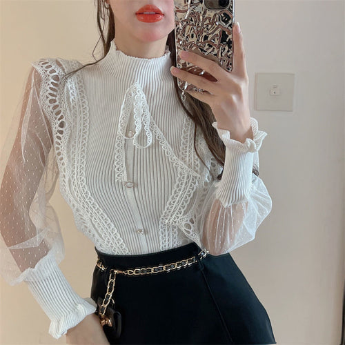 Long Sleeve Semi High Collar Knitted Stitching Blouse Shirt