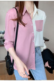 Long Sleeve 2 Colors Combination Blouse Shirt
