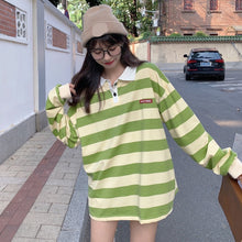 Long Sleeve Green Striped Turn Down Collar Sweatshirt