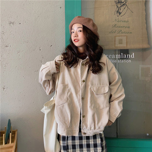 Loose Pocket Solid Corduroy Jacket