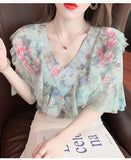 Retro V-Neck Floral Chiffon Blouse Shirt