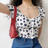 Black Daisy Flowe Slash Crop Top Slim Shirt