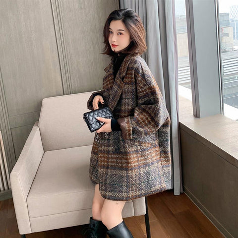 Vintage Woolen Loose Plaid Coat Jacket