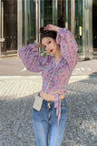 Long Sleeve Chiffon Flowers Pattern Ruffle Blouse Shirt