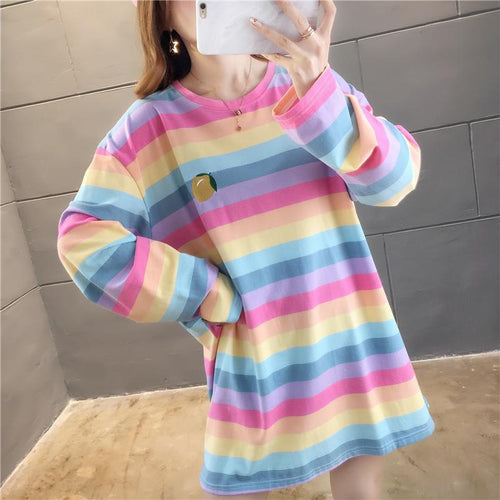 Fruits Printed Stripe Oversize Long Sleeve Shirt