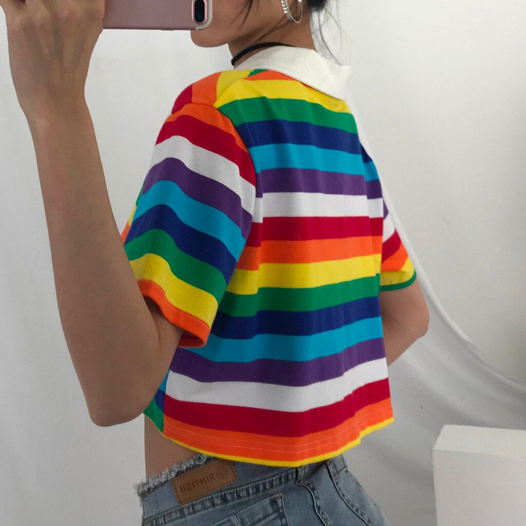 Short Sleeve Rainbow Striped Cropped Polo Collar Shirt – Tomscloth