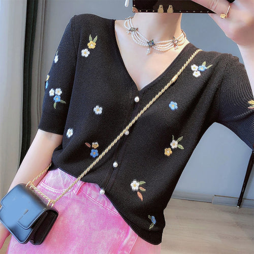 Short Sleeve Floral Embroidery Thin Knitted Cardigans Sweater