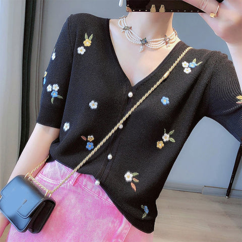 Short Sleeve Floral Embroidery Thin Knitted Cardigans Sweater