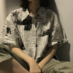 Newspaper Pattern Short Sleeve Casual Blouse Shirt