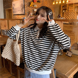 Long Sleeve Striped Turn Down Collar Sweater