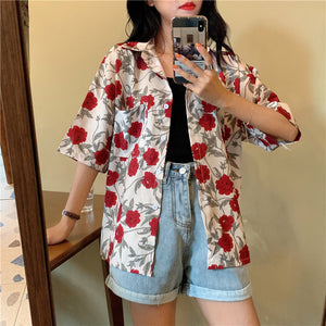Red Florals Short Sleeve Blouse Shirts