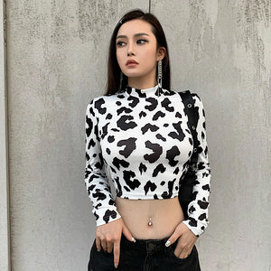 Cow Pattern Printed Skinny Long Sleeve Shirt