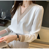 Long Sleeve V-Neck Embroidered Elegant Blouse Shirt