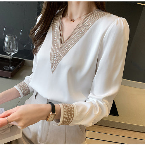 Long Sleeve V-Neck Embroidered Elegant Blouse Shirt