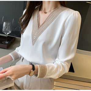 Long Sleeve V-Neck Embroidered Elegant Blouse Shirt