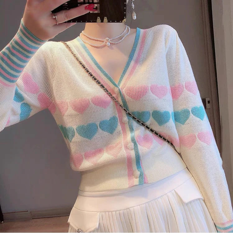V-Neck Cute Love Pattern Pastel Colors Cardigan Sweater