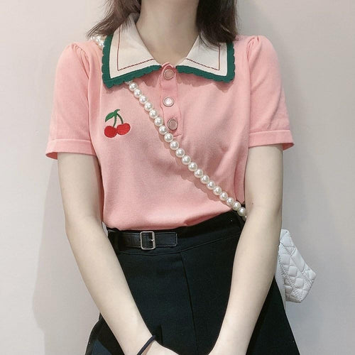 Cherry Pocket Embroidered Turn Down Collar Shirt